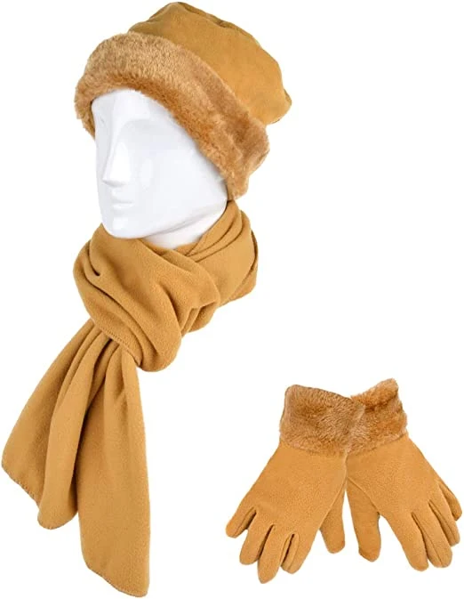 Yellow Solid Women Hat and Glove Warm Set Winter Scarves