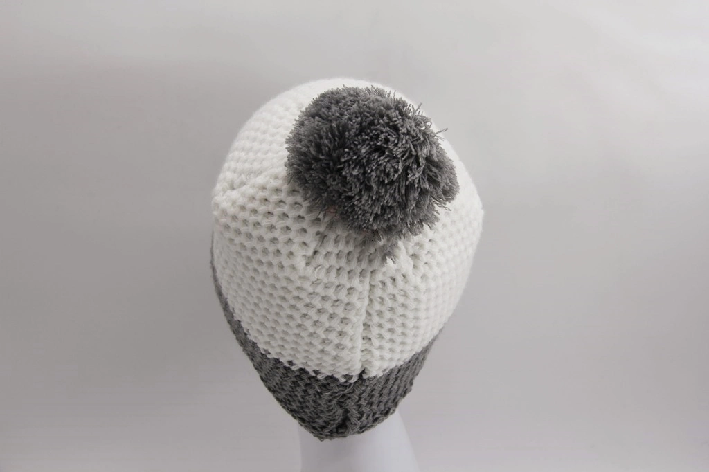 Grey and White Acrylic Knitted Hat with Yarn Pompon