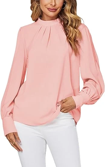 Women&prime;s Mock Neck Pleated Solid Long Sleeve Blouse Office Shirt Top