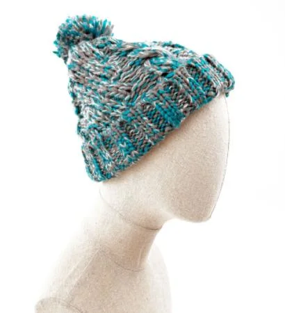 Factory Girl Warm Cable-Knitting Pompom Melange Acrylic Stretch Knitted Hat
