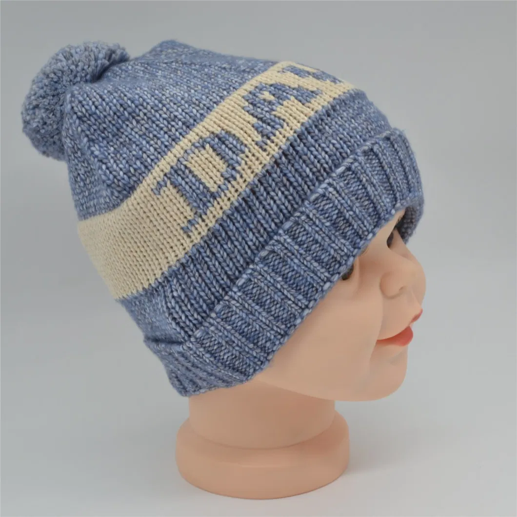 Custom Polar Fleece Polyester Light Blue and Cream-Colored Winter Autumn Knitted Beanie for Kids Children Unisex Custom Logo