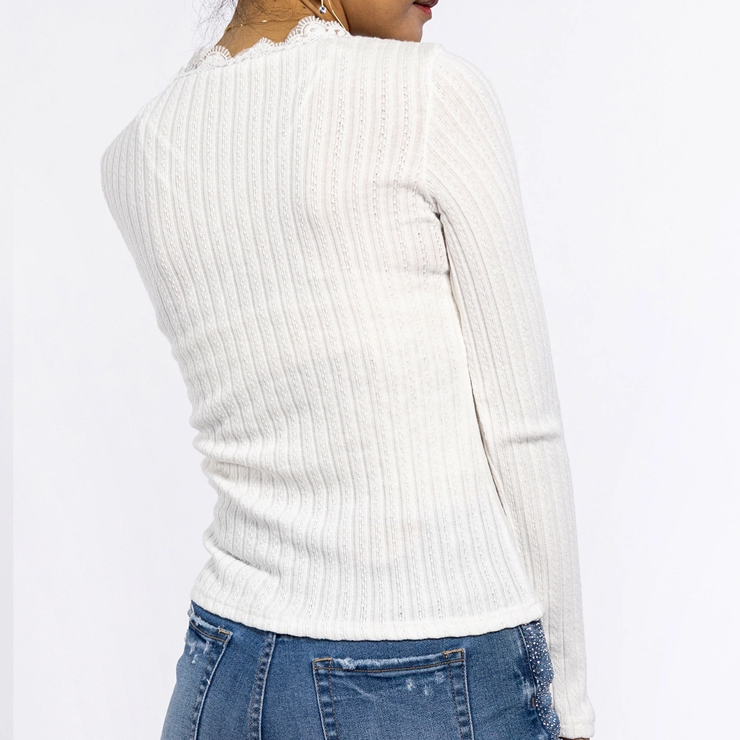 Autumn Long Sleeved Lace V-Neck Button Knitwear Ladies Knitted White Sweaters Women Tops