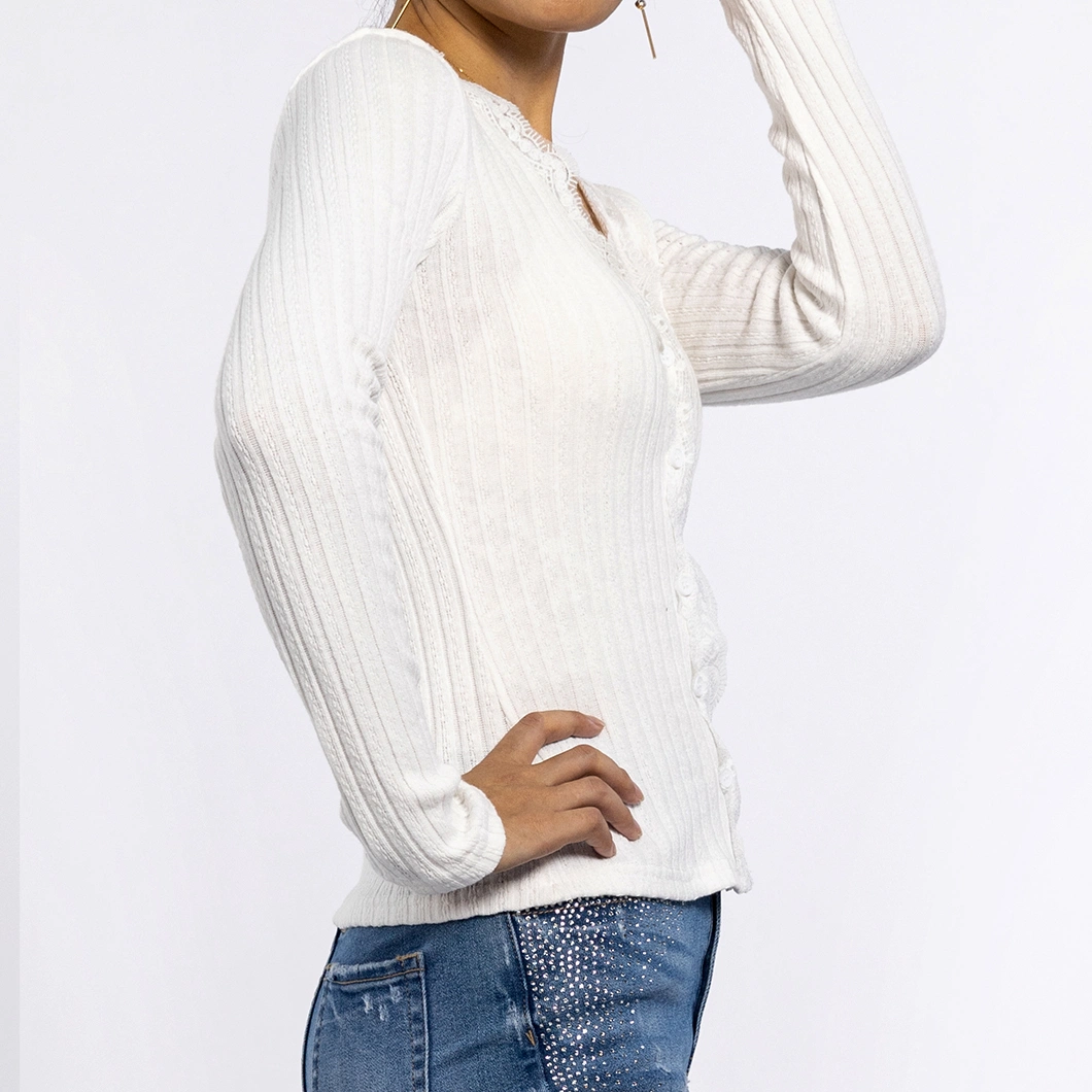 Autumn Long Sleeved Lace V-Neck Button Knitwear Ladies Knitted White Sweaters Women Tops