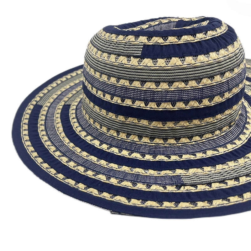 Customize Wide Brim Floppy Hat Foldable Packable Paper Polyester Straw Hats with Ribbon