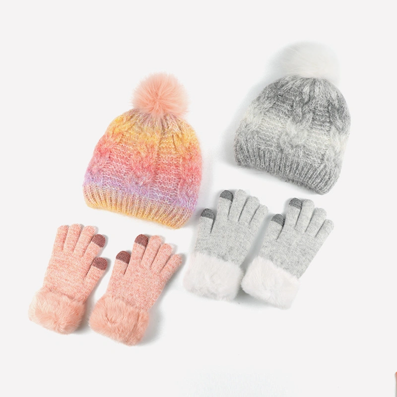 Winter Children Warm Touch Screen Gloves and Pompom Fleece Knitted Hat Set