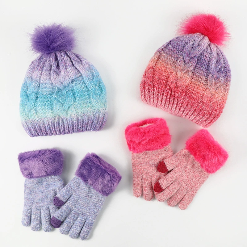 Winter Children Warm Touch Screen Gloves and Pompom Fleece Knitted Hat Set