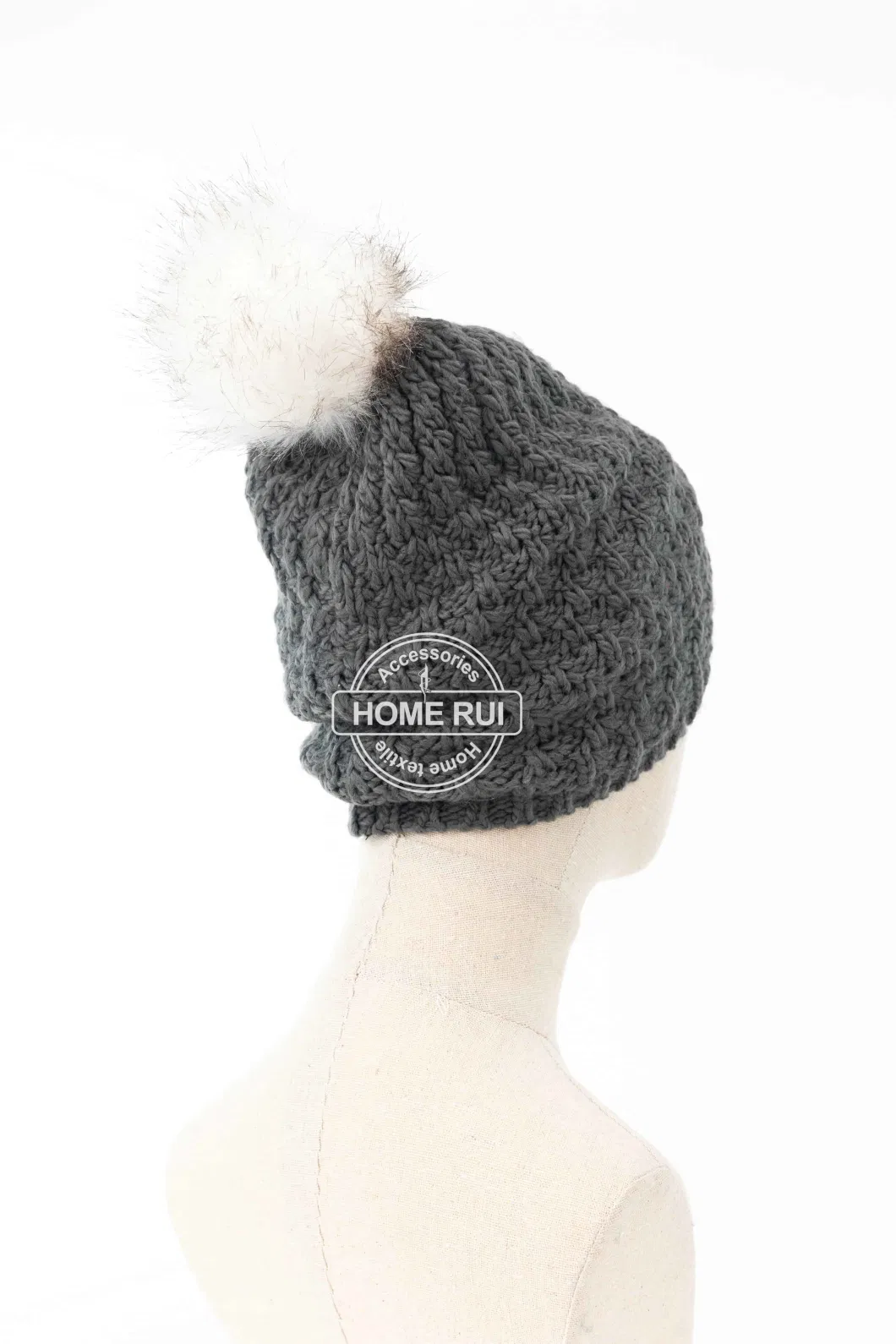 Women Warm Soft Slouchy Acrylic White Fur Pompom Dark Grey Charcoal Knitted Zigzag Jacquard Bonnet Casual Hat Beanie