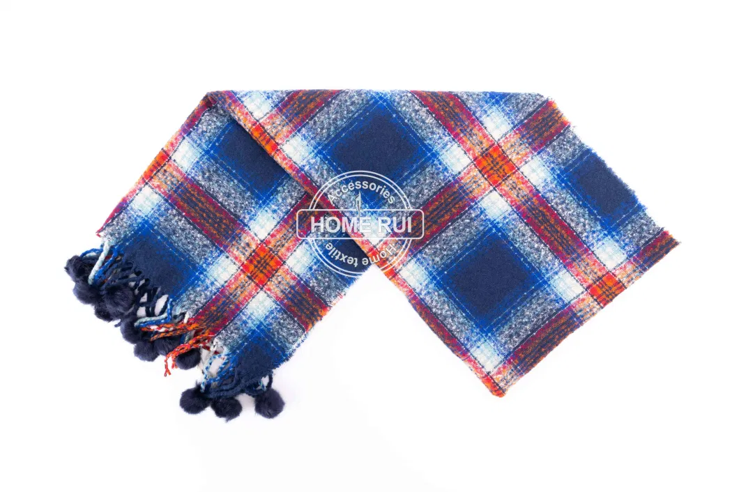 Fashion Accessory Unisex Men Women Winter Navy Red Mixed Acrylic Brushed Woven Fringe Pompom Grid Checks Design Long Scarf