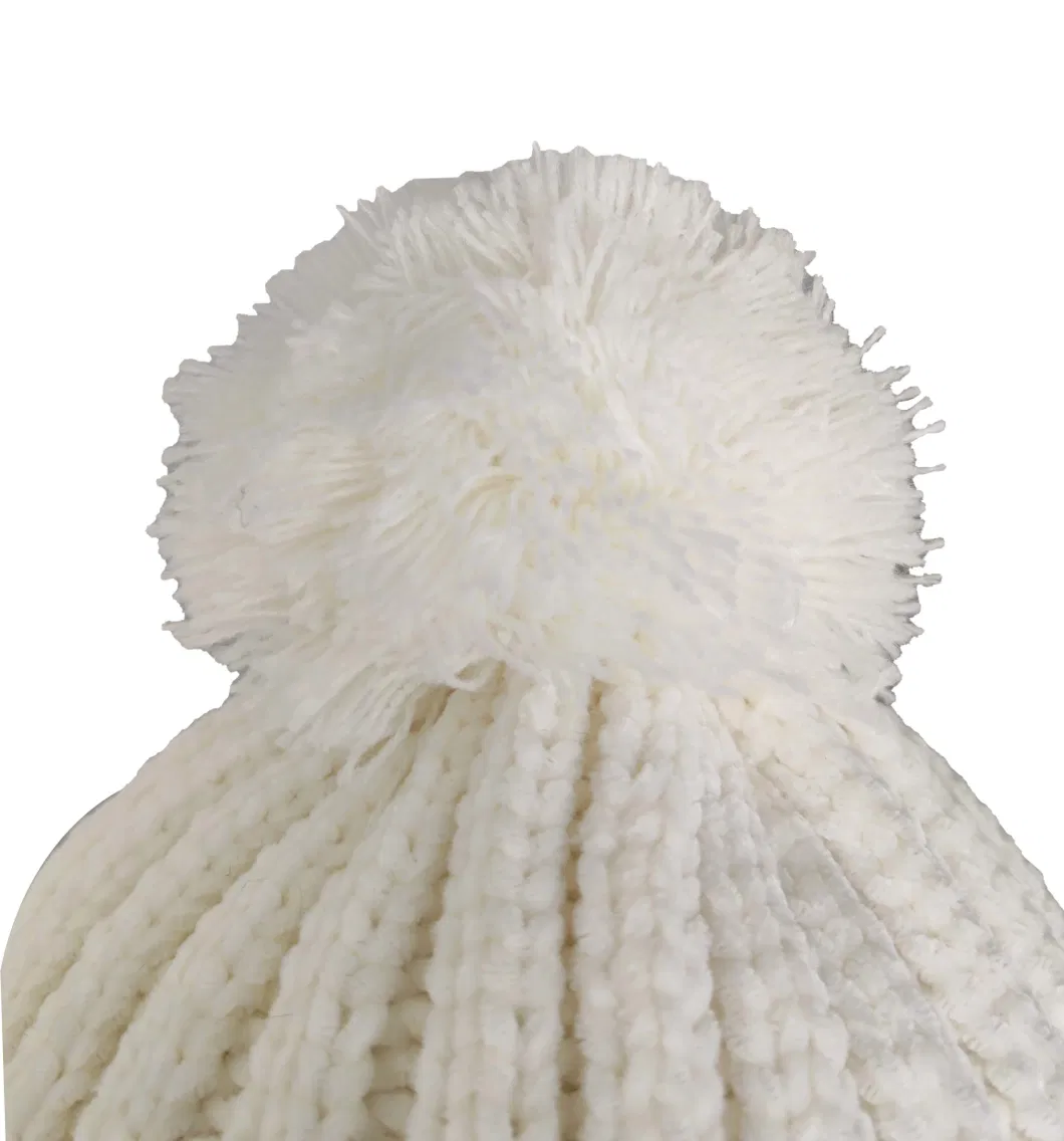 Winter Ladies Fashion White Soft Chenille Pompom Stretch Knitted Hat