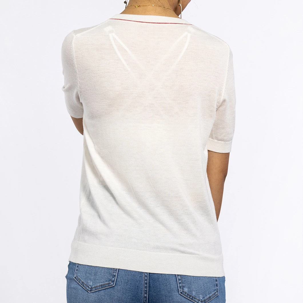 Round Neck White Embroidered Soft Knitwear Lightweight Short Sleeve Sweater Women Tops