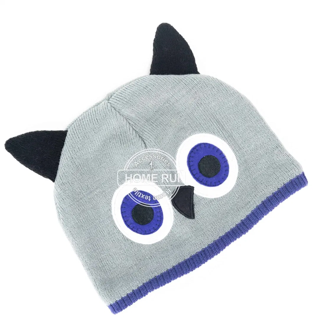 Kids Boy Children Warm Soft Slouchy Grey Solid Plain Knitted Owl Animal Design embroidery Bonnet Casual Beanie Hat