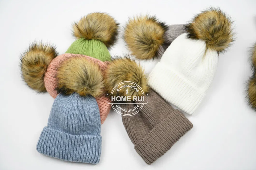 Beanie Hats Manufacturer Custom Embroidery Logo Low MOQ Chunky Warm Thick Ribbed Knitted Winter Faux Fur POM POM Beanie