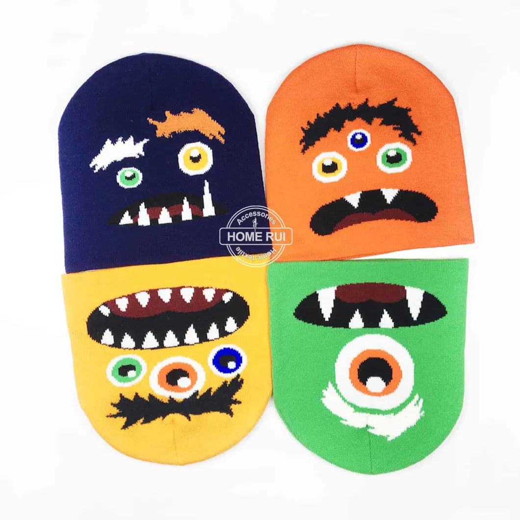 Designer Low MOQ Hats Custom Logo Knitted Monster Face Eyes Feather Eyebow Teeth Jacquard Skully Kids Cartoon Winter Cap Beanie