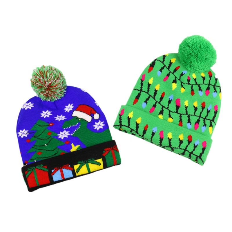 Christmas Style LED Pompoms Cute Deer Pattern Knitted Beanie Hat for Winter