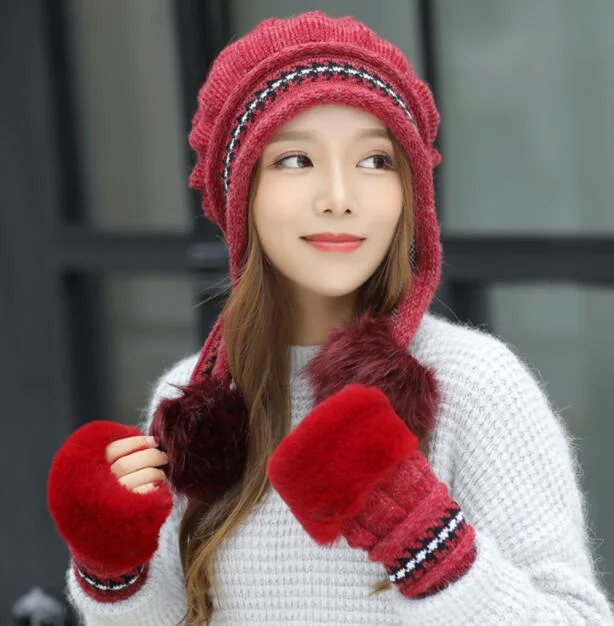 Autumn and Winter 2022 Jacquard Gloves Wool Plus Velvet Ear Protector Toe Warm Knitted Two-Piece Hat