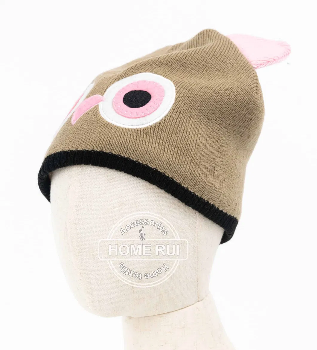 Kids Girl Children Warm Soft Slouchy Camel Solid Plain Knitted Owl Animal Design embroidery Bonnet Casual Beanie Hat