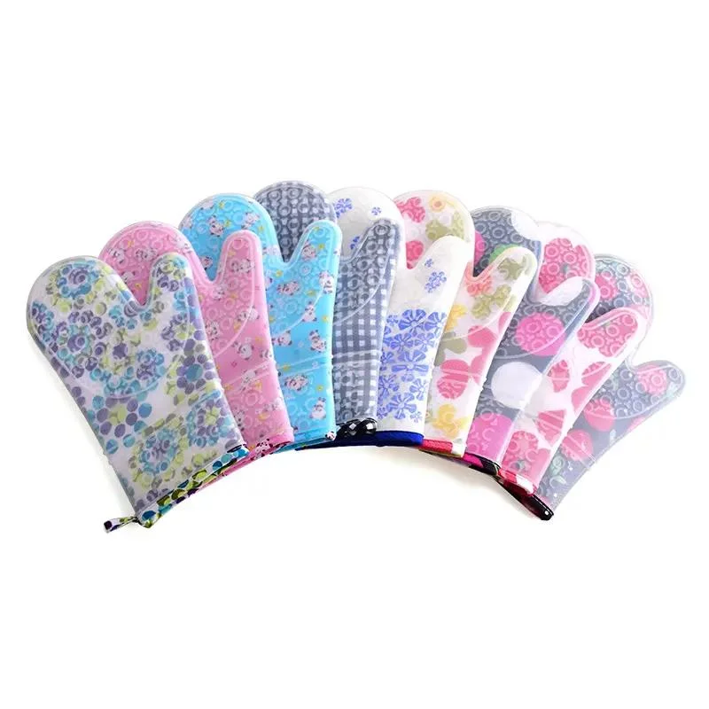 Silicone Oven Mitts Transparent Clear Silicone Shell with Printing Cotton Quilted Lining Kitchen Oven Gloves Pot Holder