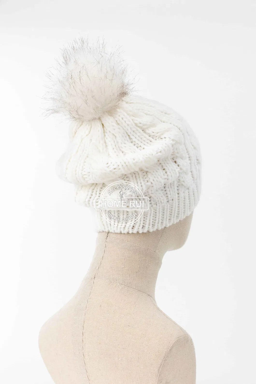 Women Warm Soft Acrylic White Ivory Colour Fur Pompom Knitted Cable Rib Bonnet Casual Hat Beanie