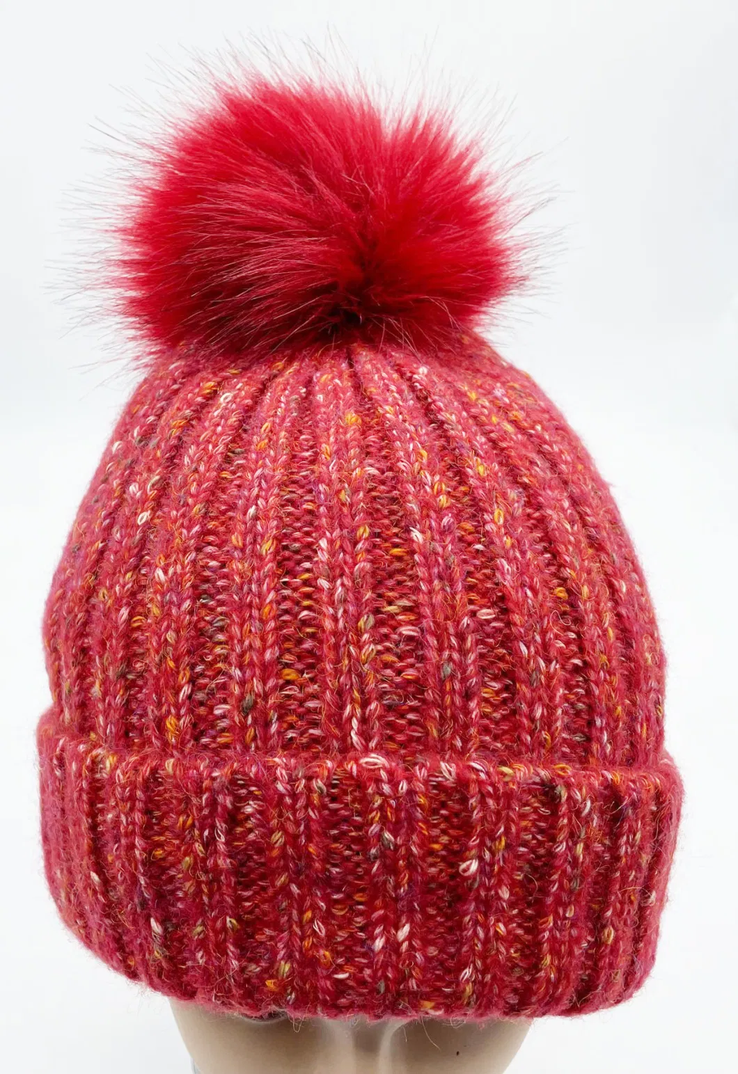 Colorful Points Acrylic Yarn Knitted Lady Winter Beanie Bobble Hat