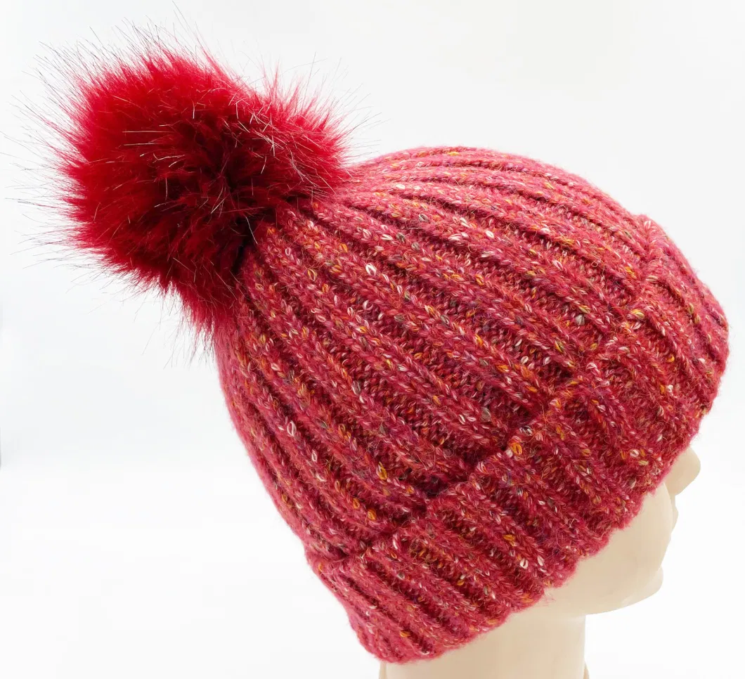 Colorful Points Acrylic Yarn Knitted Lady Winter Beanie Bobble Hat