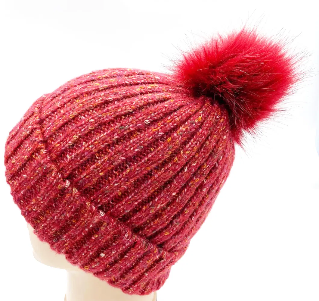 Colorful Points Acrylic Yarn Knitted Lady Winter Beanie Bobble Hat