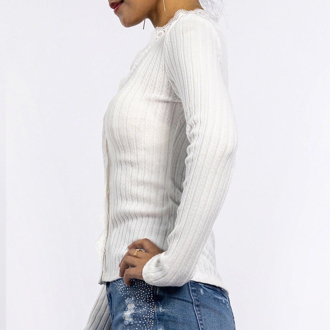 Autumn Long Sleeved Lace V-Neck Button Knitwear Ladies Knitted White Sweaters Women Tops