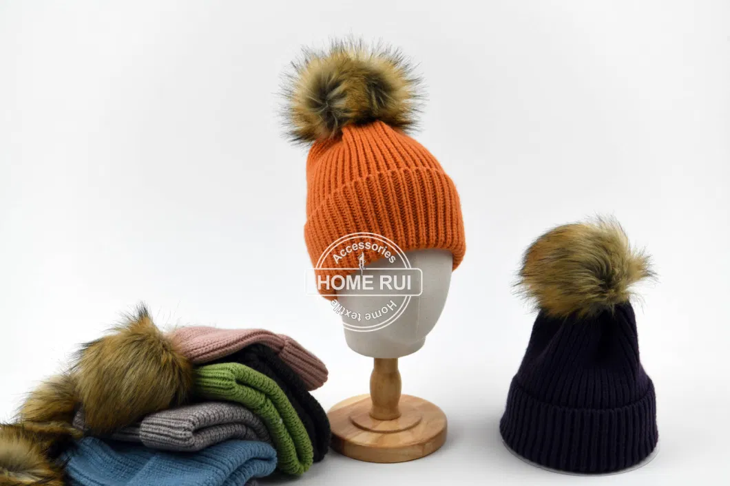 Manufacturer Knit Custom Logo Beanie Winter Hats with Faux Fur POM POM Chunky Thick Warm Unisex Designer Color Skully