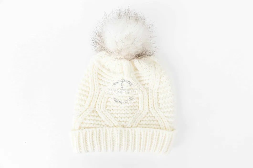 Women Warm Soft Thick Slouchy Chunky Acrylic Fold Edge Ivory Fur Pompom Knitted Cable Bonnet Casual Beanie Hat