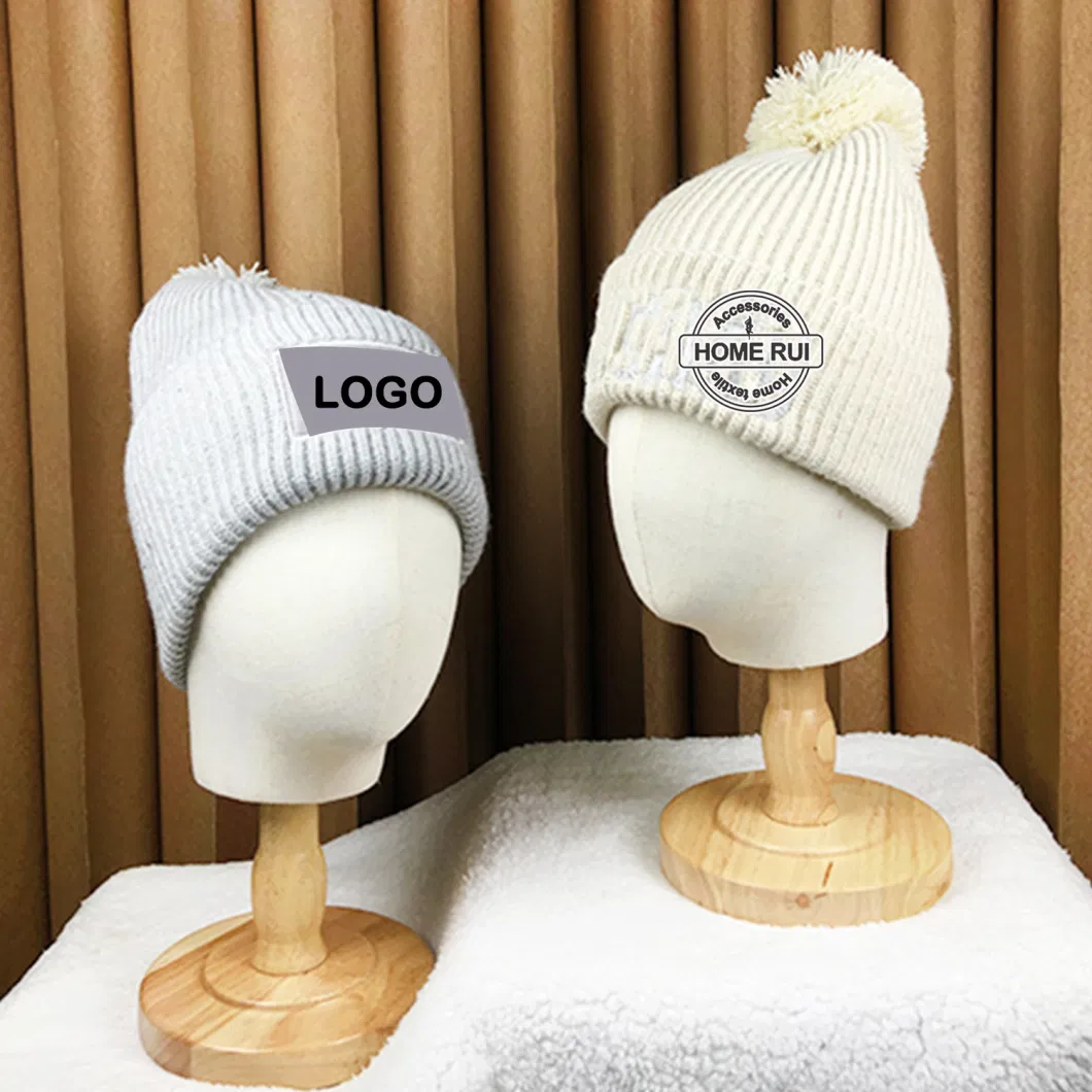 Manufacturers Custom Logo Women Beanies with POM POM Embroidery Character Patch Cuffed Knitted Hats Ribbed Chunky Knit Caps