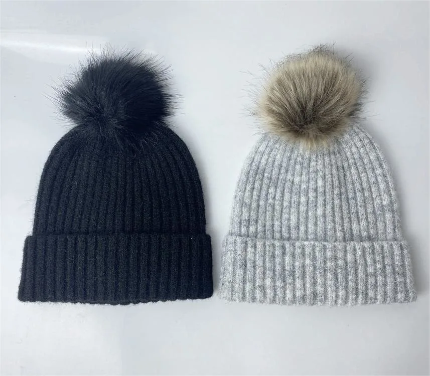 Customized Ladies Winter Fluffy Ribbed Beanies Fashion Women Spandex Mohair Fur POM POM Beanie OEM ODM Knitted Hats Wool Beanies Recycle Yarn Beanies
