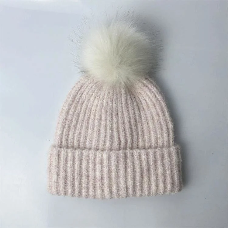 Customized Ladies Winter Fluffy Ribbed Beanies Fashion Women Spandex Mohair Fur POM POM Beanie OEM ODM Knitted Hats Wool Beanies Recycle Yarn Beanies