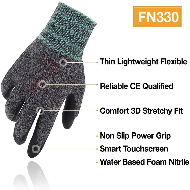 Stretch Fit Power Grip Durable Foam Nitrile Coated Smart Touch Thin Gloves