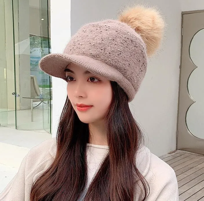 Women&prime;s Winter Knitted Warm Baseball Hat Cute POM POM Rabbit Hair Beanie Hat