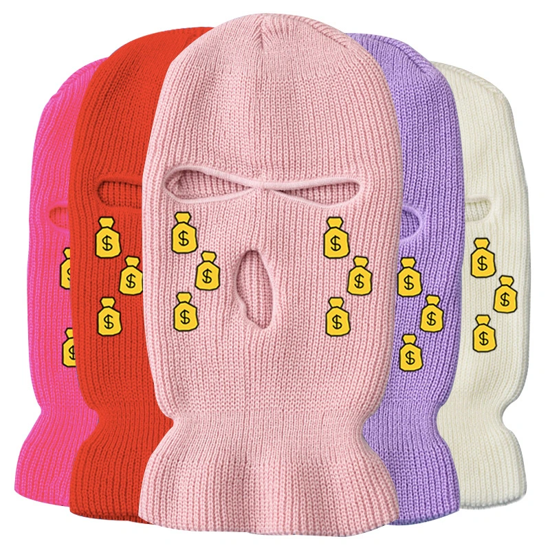 Money Bag Embroidery Winter Beanie Full Face Ski Masks Neon Balaclava