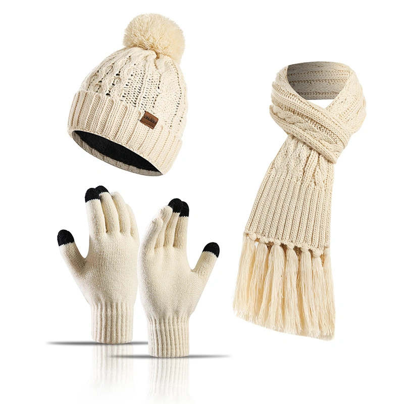 China Factory OEM Custom Design Jacquard Embroidery Winter Knitted Beanie Hat Scarf Gloves Set