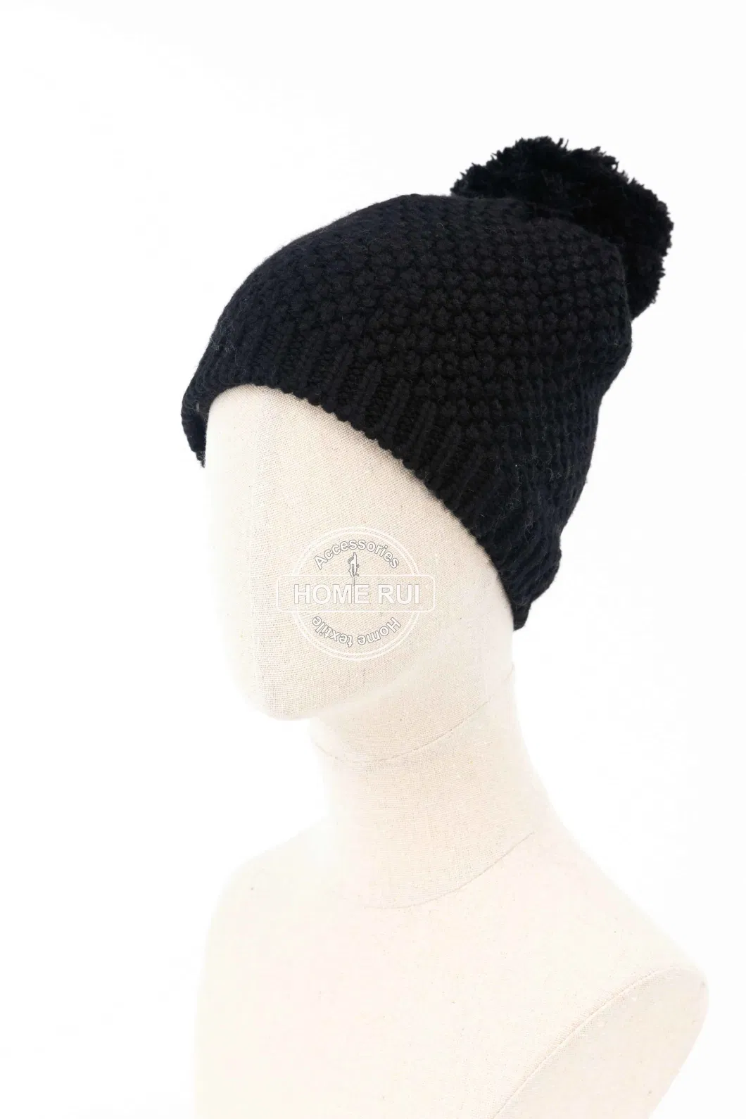 Women Warm Soft Wool Black Pompom Jacquard Knitted Basket Weave Design Bonnet Casual Hat Beanie