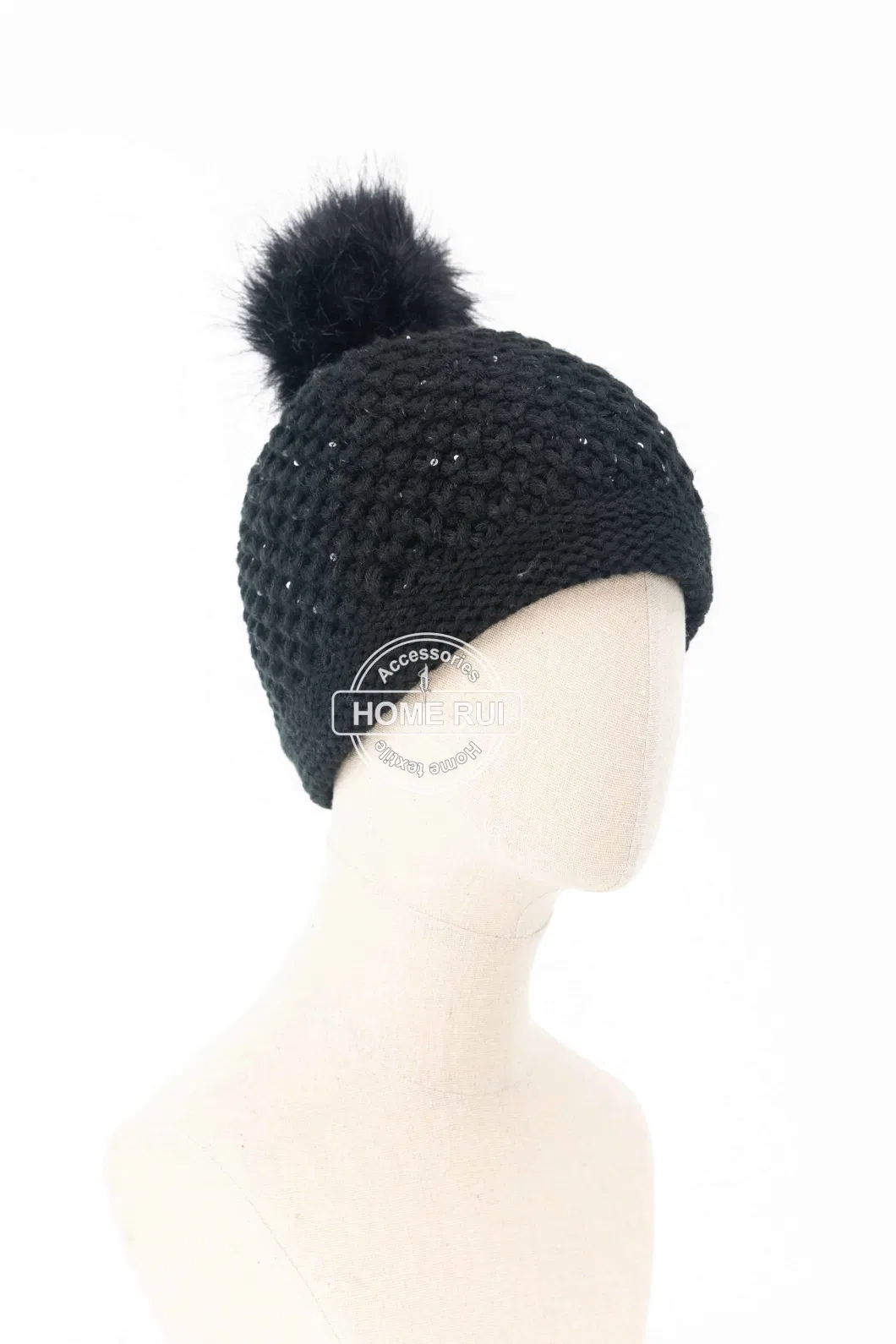 Women Warm Soft Acrylic Black Fur Pompom Sparkle Yan Plastic Sequin Knitted Basket Weave Bonnet Casual Hat Beanie