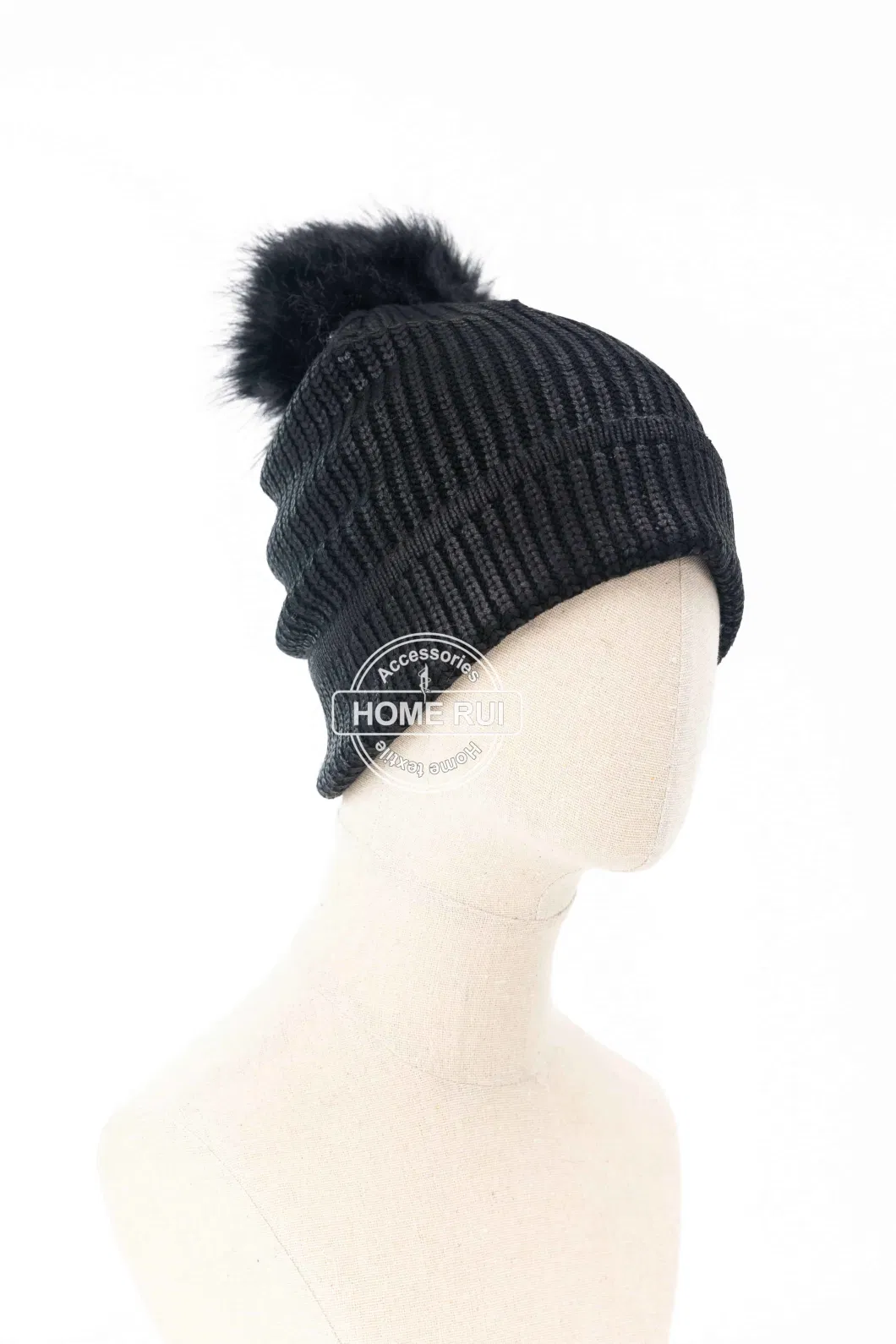 Unisex Warm Soft Slouchy Acrylic Fold Cuff Edge Black Fur Pompom Silver Oil Print Knitted Rib Bonnet Casual Hat Beanie