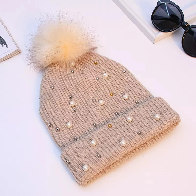 New Women Beanie Curl Cap Winter Fashion Knitted Thick Woolen Caps Winter Ball Puff Ball Hats Beanie Cap Wholesale