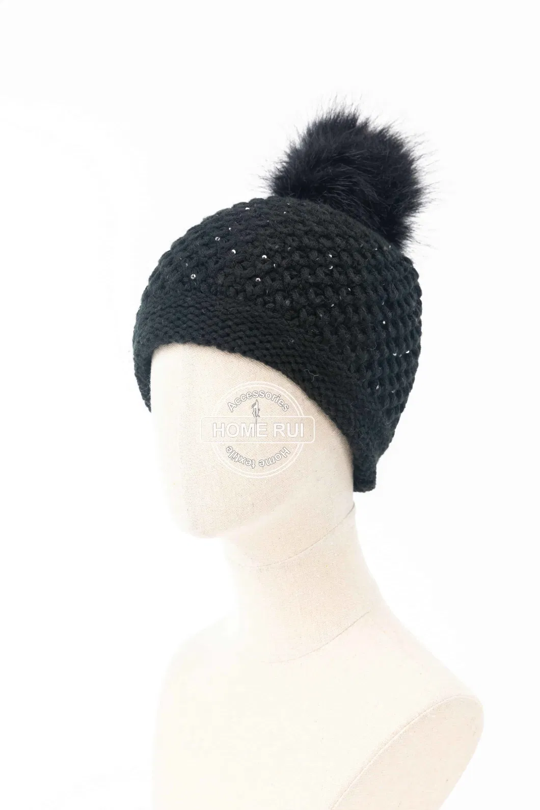 Women Warm Soft Acrylic Black Fur Pompom Sparkle Yan Plastic Sequin Knitted Basket Weave Bonnet Casual Hat Beanie