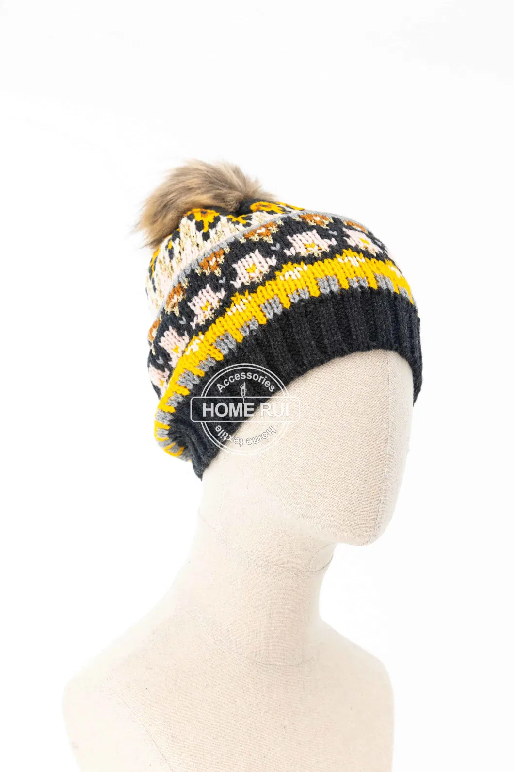 Women Warm Soft Acrylic Yellow Blended Mixed Colour Fur Pompom Faire Iland Jacquard Design Bonnet Casual Hat Beanie