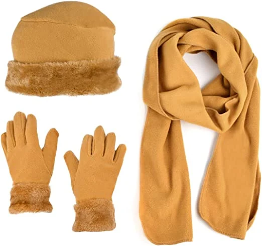 Yellow Solid Women Hat and Glove Warm Set Winter Scarves