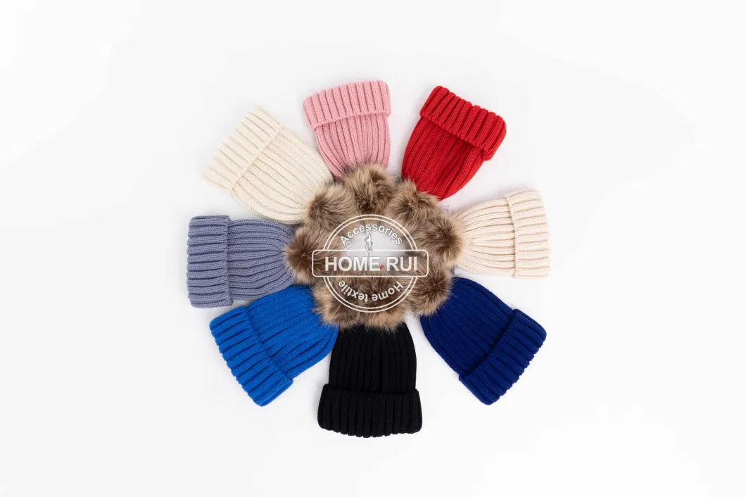 Winter Ribbed Chunky Slouchy Skull Faux Fur POM POM Knitted Cuffed Custom Embroidered Logo Beanie Hat