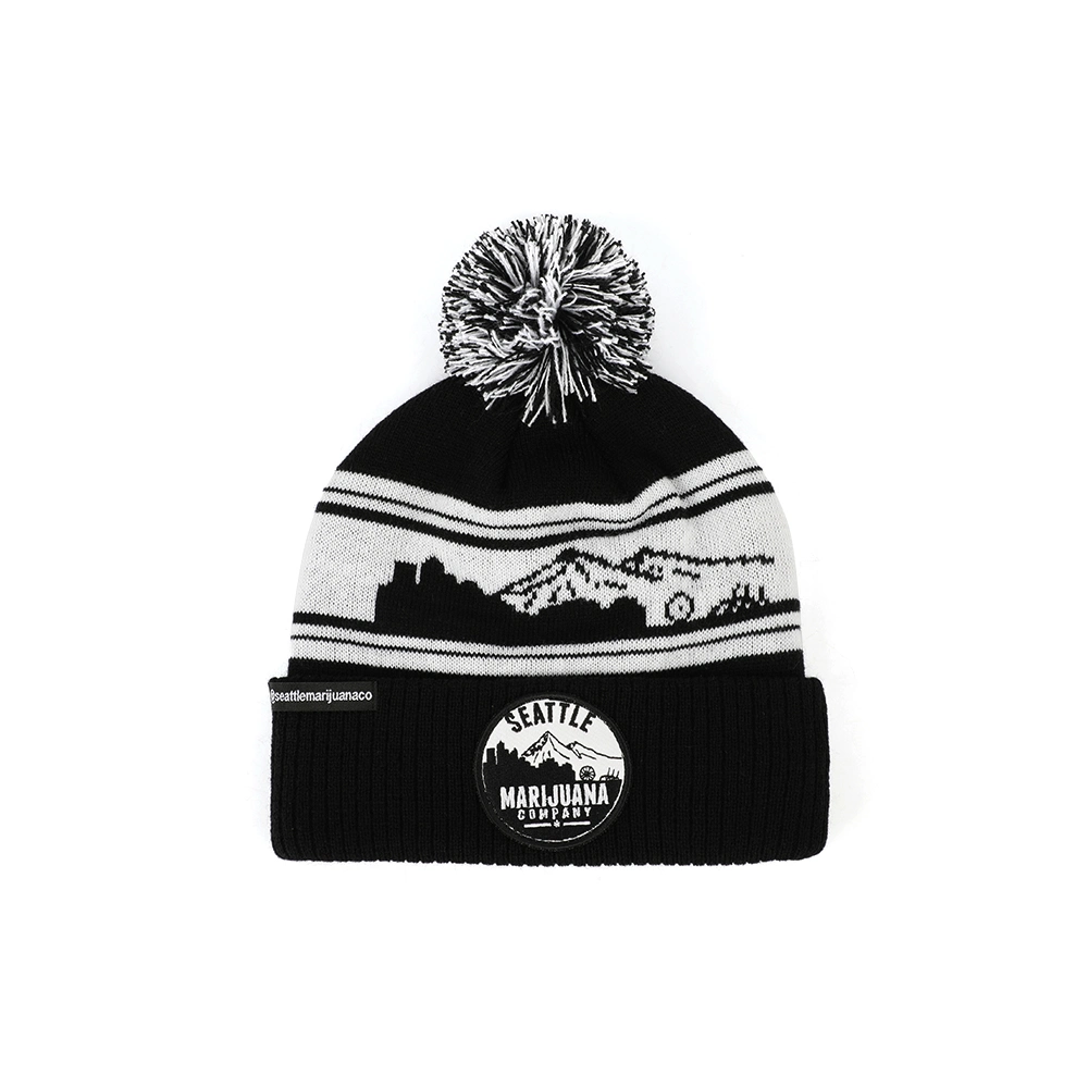Hot Selling Products Winter Pompom Beanies 100% Acrylic Children Unisex Beanie Hats Embroidery Patch Black Jaquared Beanie
