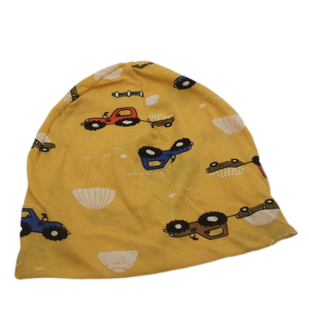 Kids Cap Cute Allover Printed Double Layer Yellow Single Jersey Beanie Hat