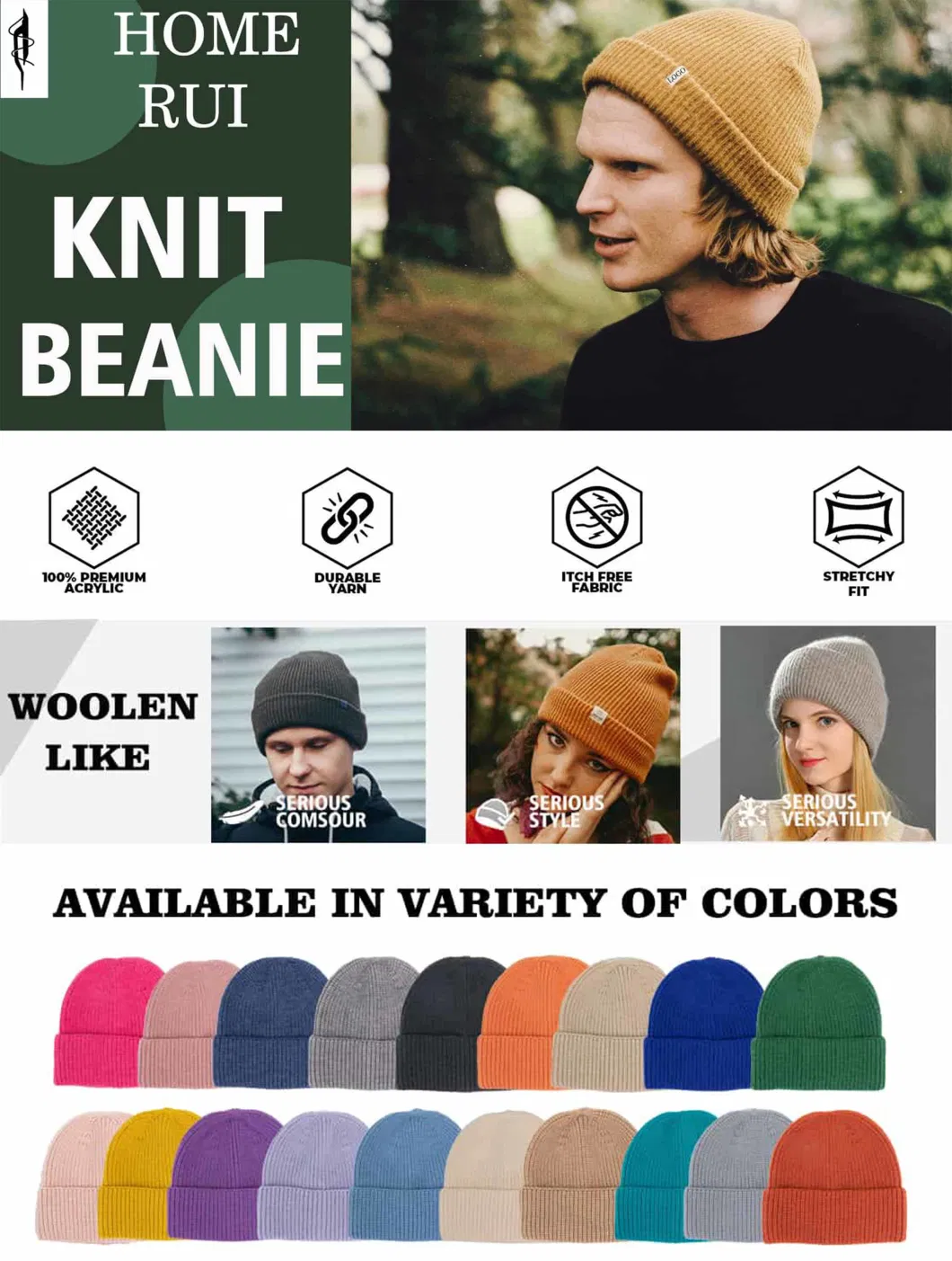 Custom Logo Women Beanies with POM POM Sequin Buckle Yarn Embroidery Letter Patch Knitted Hats Ribbed Chunky Knit Winter Caps