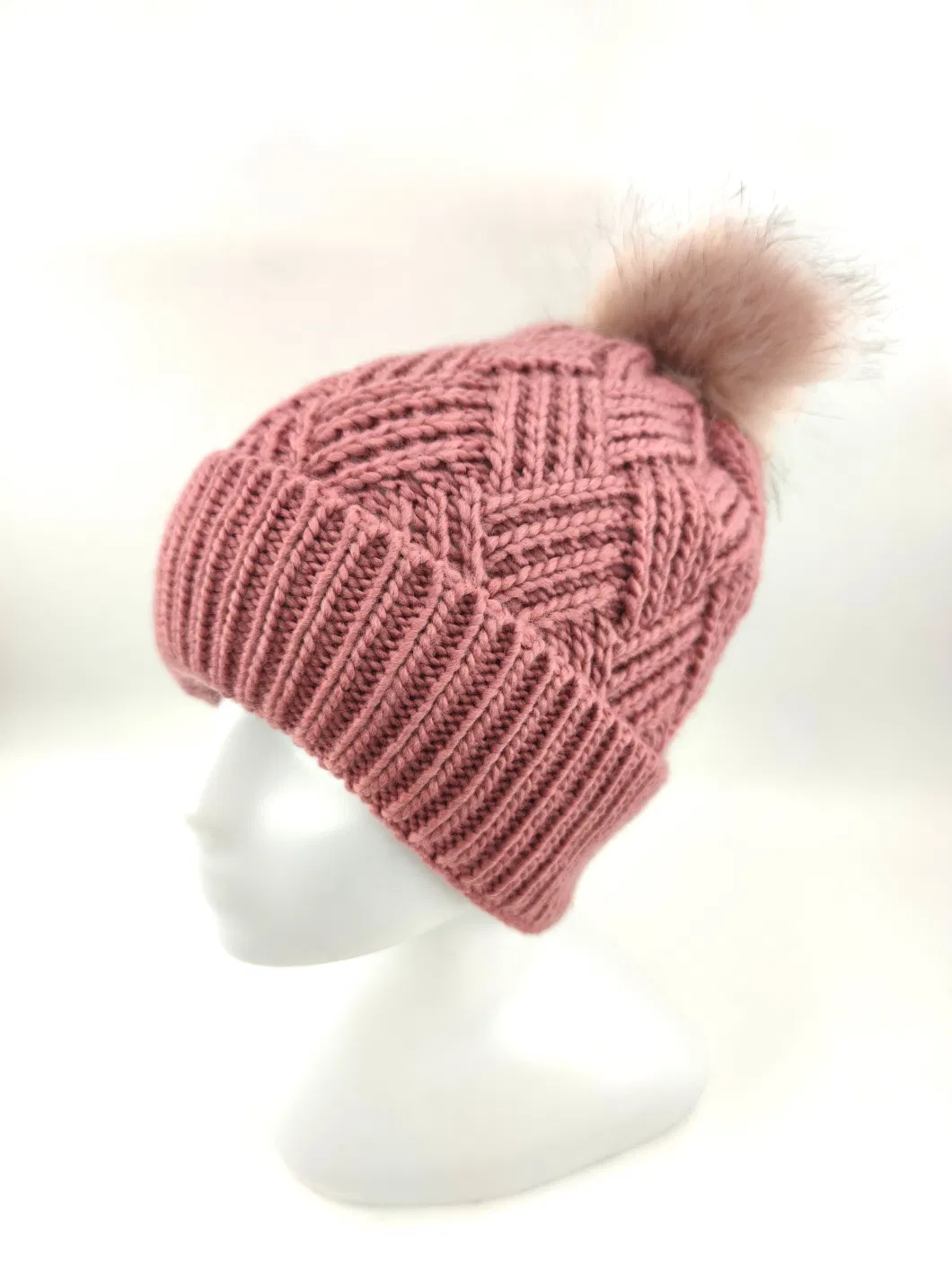 Acrylic Icelandic Yarn Jacquard Knitted Hat Turn up The Cuff with Fake Fur Pompon on Top