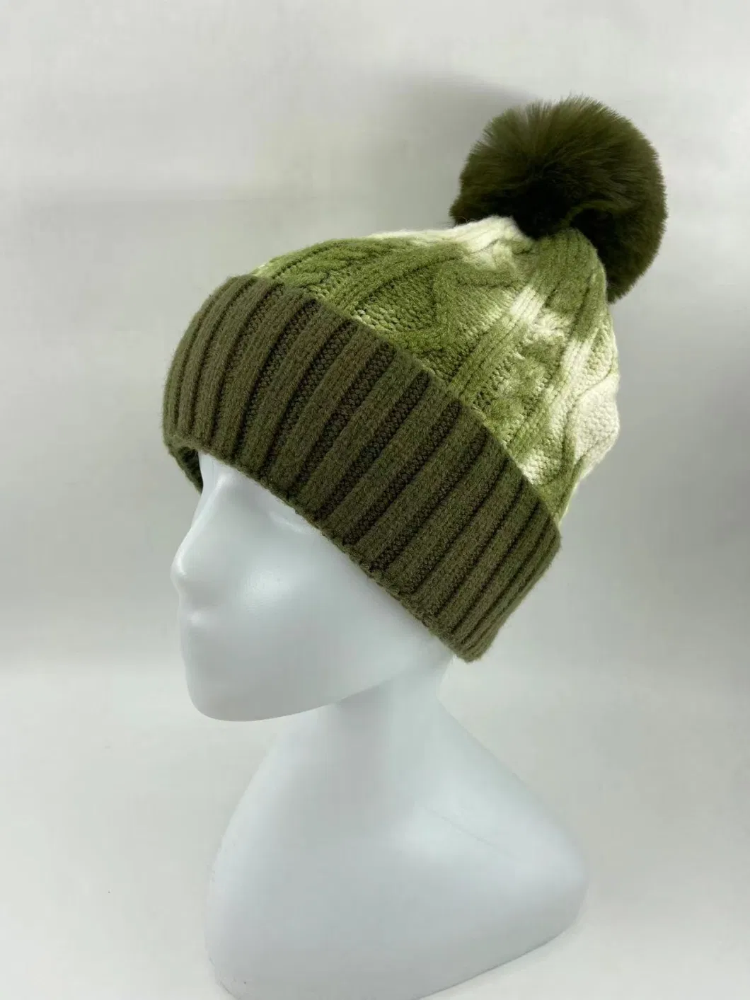 Tie Dying Knitted Beanie Hat with Fake Fur Pompon