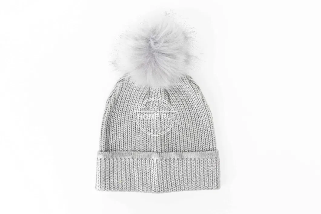 Unisex Warm Soft Slouchy Acrylic Fold Edge Silver Grey Fur Pompom Oil Print Knitted Rib Bonnet Casual Beanie Hat