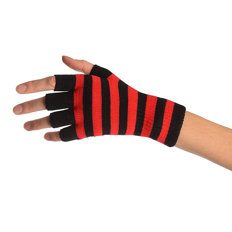 Cozy Stripes Short Knitted Elastic Wool Fingerless Red-Black Acrylic Gloves